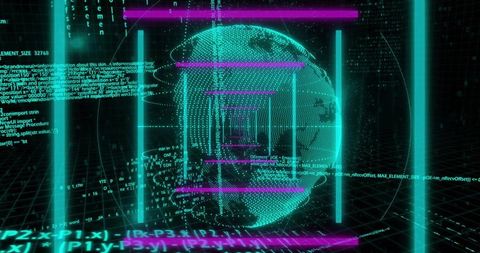 Holographic globe with code streams in futuristic grid