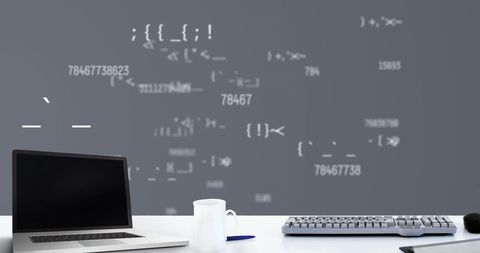 tech workspace with floating code on gray background - Download Free Stock Images Pikwizard.com