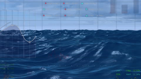 Financial Data Displayed Over Ocean Waves Animation
