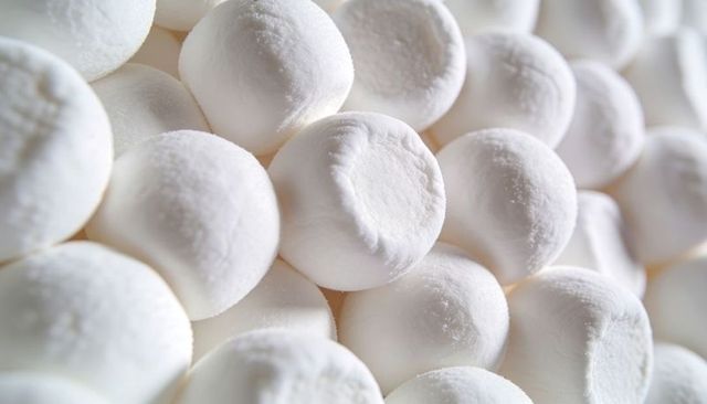 White powdered confectionery spheres forming soft pillowy texture macro closeup