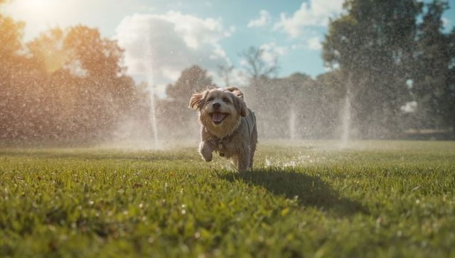Joyful small dog running through sprinkler-splashed lawn at golden hour