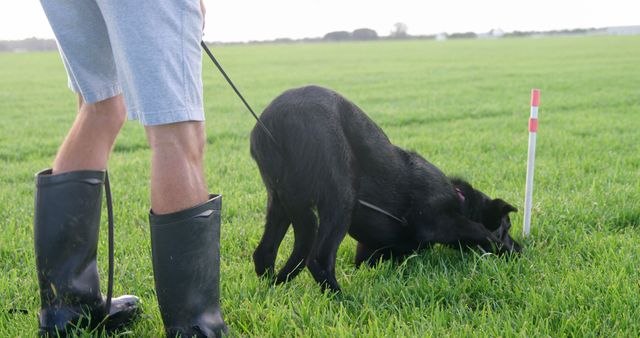 A man wearing boots and shorts is training a black dog in an open green field. The scene depicts rural life, livestock management, or agricultural work. Can be used for topics relating to pet care, outdoor activities, rural living, or agriculture.