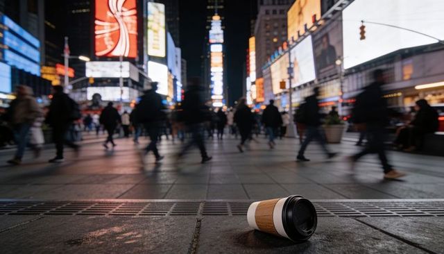Discarded coffee cup on neon-lit city plaza with blurred night pedestrians and billboards