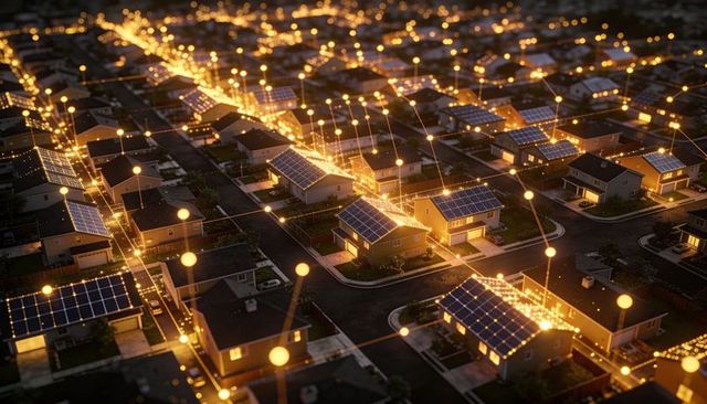 Smart Neighborhood Connecting Rooftop Solar Panels with Glowing Energy Network at Dusk