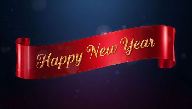 Happy New Year red satin ribbon banner displaying gold cursive lettering on navy bokeh