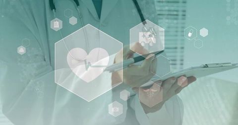 Doctor pointing at digital health interface with hex icons on tablet, teal medical data ai overlay