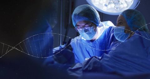 Surgeon Operating with DNA Helix Overlay for Precision Medicine and Genomic Surgery