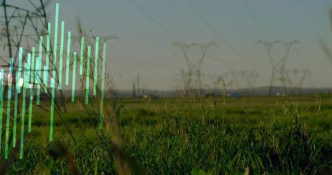 Turquoise data overlay on grassland with power transmission lines for energy analytics