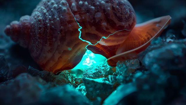 Glowing conch shell leaking cyan light over wet crystals bioluminescent macro tide-pool