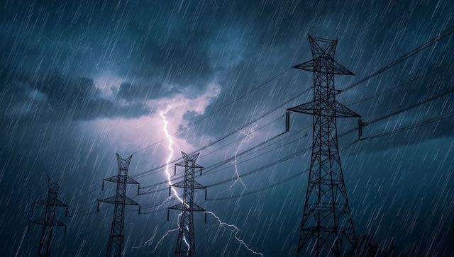 Dramatic lightning over power lines during stormy night