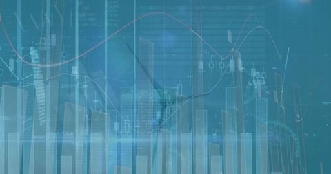 Futuristic financial graphs with renewable energy in urban landscape