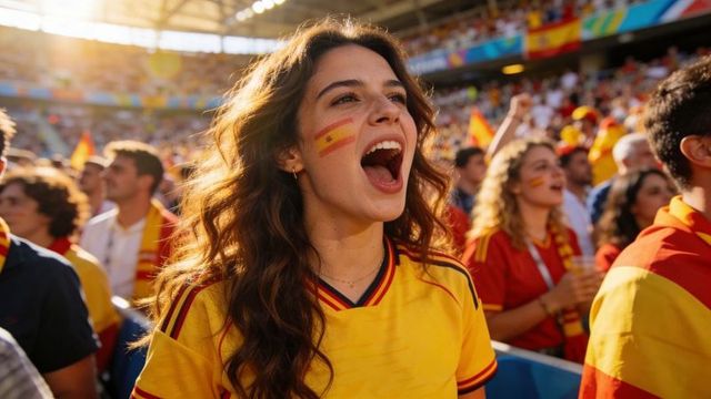 Hispanic woman cheering in yellow spain jersey with flag face paint at sunlit stadium