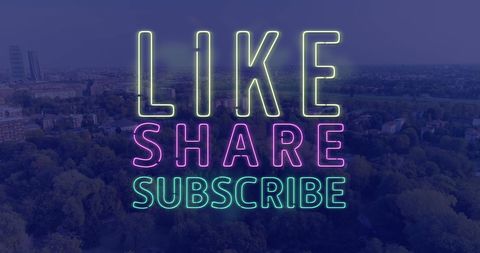 Like Share Subscribe in Neon Over Cityscape Backdrop