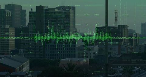 Urban Skyline with Digital Data Overlayed at Dusk