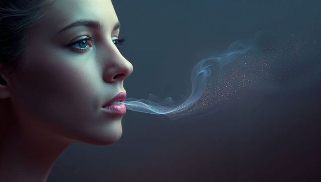 Young woman exhaling shimmering vapor and glowing particles portrait with ethereal glow