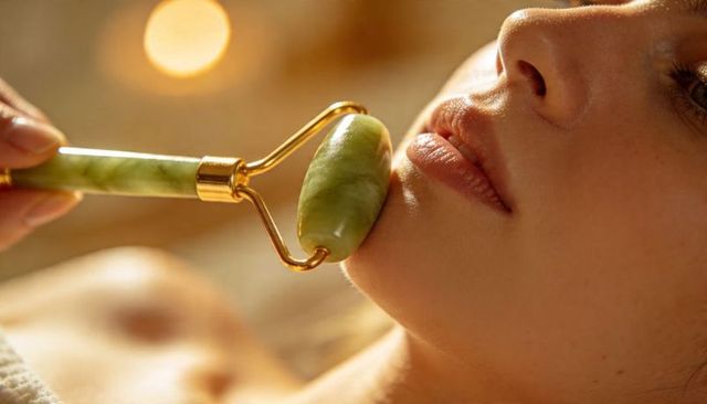 Jade roller gliding along woman jawline for facial massage, lymphatic drainage and glow