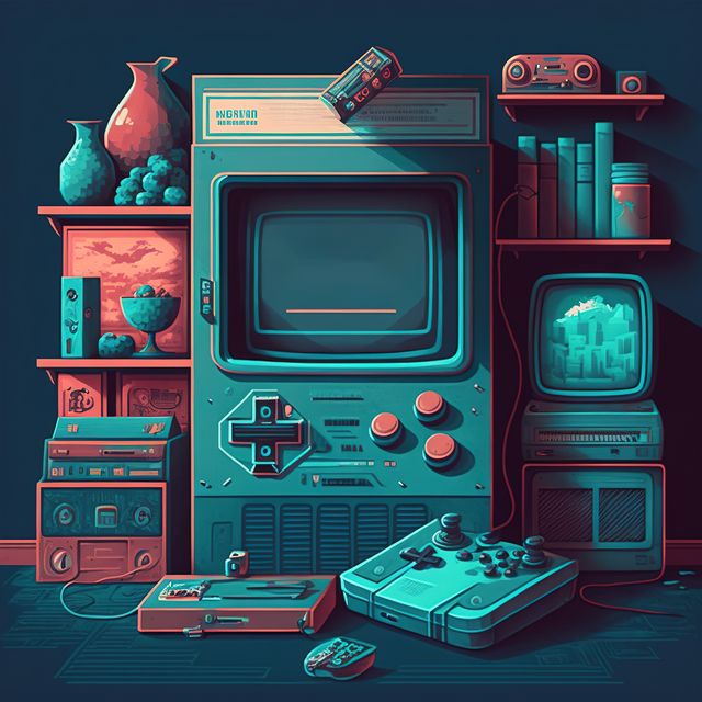 Scene captures an array of vintage electronics including gaming consoles, TVs, and music players arranged decoratively in a cozy study room. Perfect for illustrating themes related to gaming history, 80s nostalgia, and retro home interiors. Suitable for use in articles, blogs, and advertising targeting retro and gaming enthusiasts.