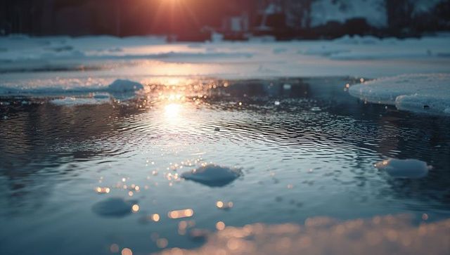Serene dawn reflections on thawing winter pond