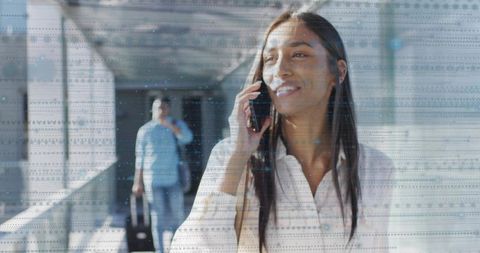 Business Woman at Airport Navigating Chaos with Smart Technology