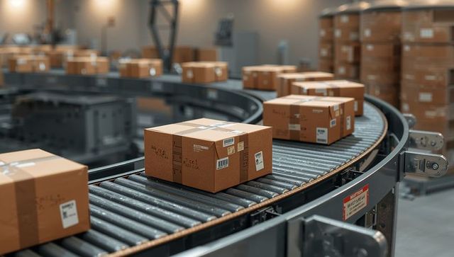 Curved Conveyor Carrying Cardboard Parcels Through Automated Warehouse Sorting Line