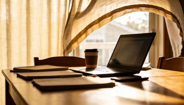 Sunlit minimalist home office with laptop, coffee cup and notebooks in morning light