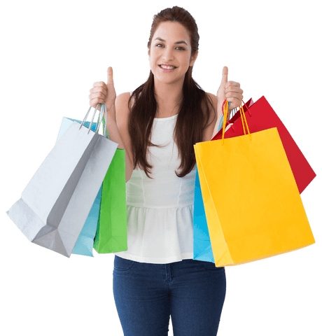 A brunette woman is brightly smiling while holding colorful shopping bags in both hands, expressing joy and contentment. Thumbs up suggests a positive shopping experience. This image, with its transparent background, is ideal for online retail or e-commerce sites, advertisements promoting post-purchase satisfaction, or consumer encouragement campaigns.