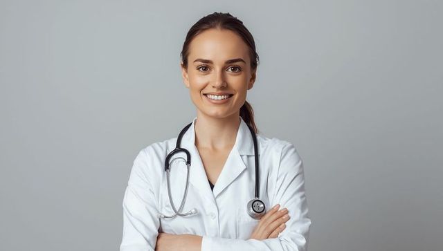 Confident female doctor with stethoscope smiling in studio