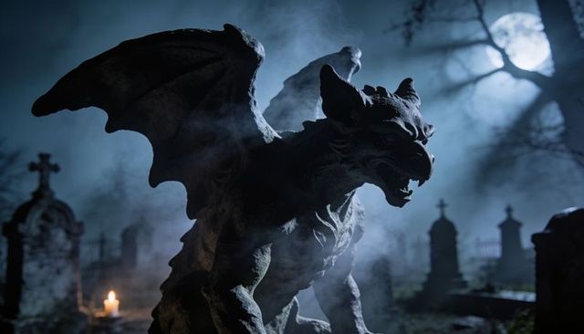 Crouching gargoyle snarling over foggy moonlit graveyard with candlelit tombstones