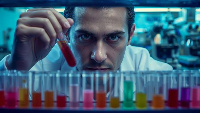 Scientist analyzing colorful solutions in advanced laboratory
