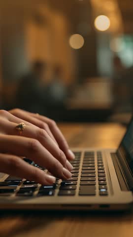 Woman typing on laptop in cozy cafe with warm bokeh lights vertical video