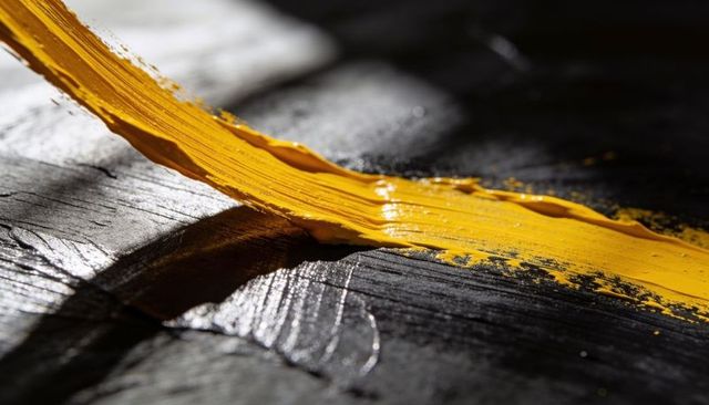Bold yellow paint stroke on textured black canvas panel, thick glossy pigment brush marks