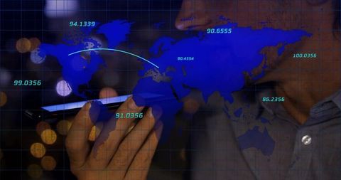 Professional holding smartphone and speaking with global data overlay and ar visualization