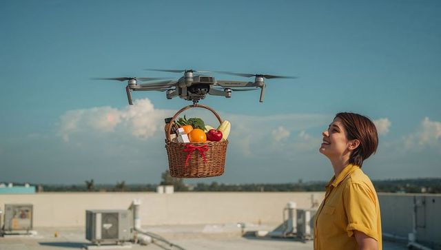 Autonomous drone delivering wicker grocery basket to smiling woman on urban rooftop terrace