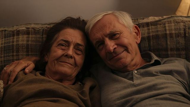 Senior couple reclining on plaid sofa, sharing warm lamp light and quiet evening intimacy