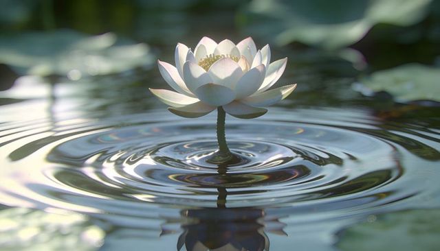 White lotus floating above calm pond reflecting radiant yellow center and circular ripples