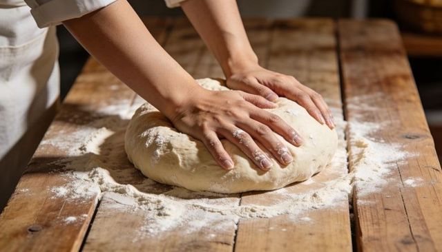 Hands Kneading Rustic Dough on Floured Wooden Workbench for Artisan Bread