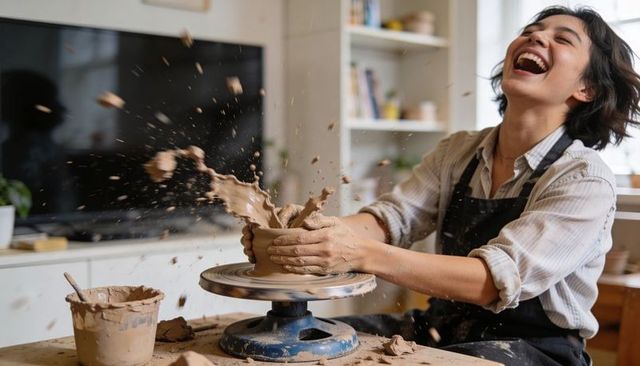 Joyful potter splashing clay on spinning wheel in sunlit home studio