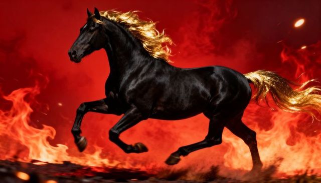Galloping onyx stallion with metallic gold mane and tail through fiery scorched ground