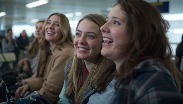 Laughing young women at airport gate sharing travel excitement with luggage and coats