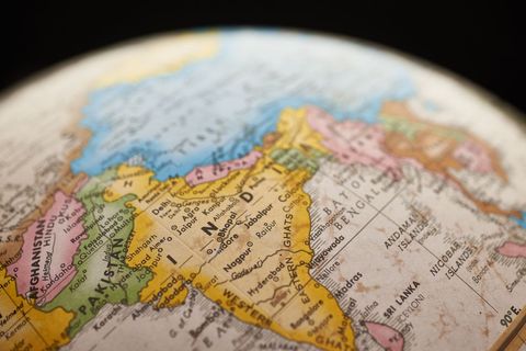 Close-up Vintage Globe Showing India and South Asia Political Map for Travel and Education