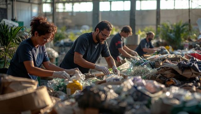 Warehouse team sorting recyclables by hand in sunlit industrial facility circular economy