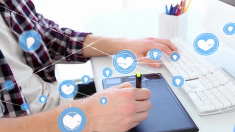 Businessman Working on Graphics Tablet with Digital Network Overlay