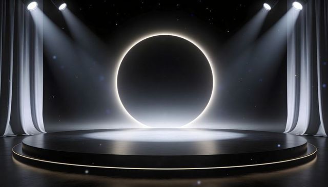 Glowing Halo Lighting Circular Stage with Dramatic Spotlights, Curtains and Backlight