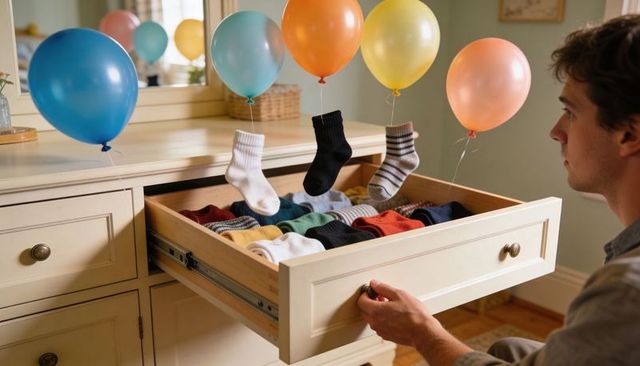 Man peeking at floating socks suspended by balloons above open dresser drawer, colorful home