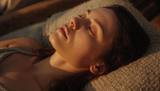 Young woman basking in golden-hour sunlight, relaxing in reclined pose closeup