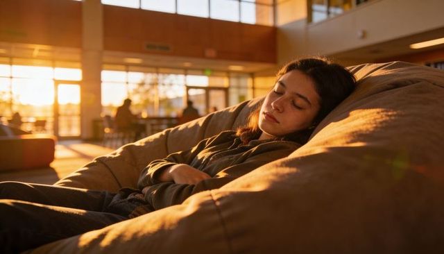 Adolescent sleeping on beanbag in campus commons at golden hour, relaxing student
