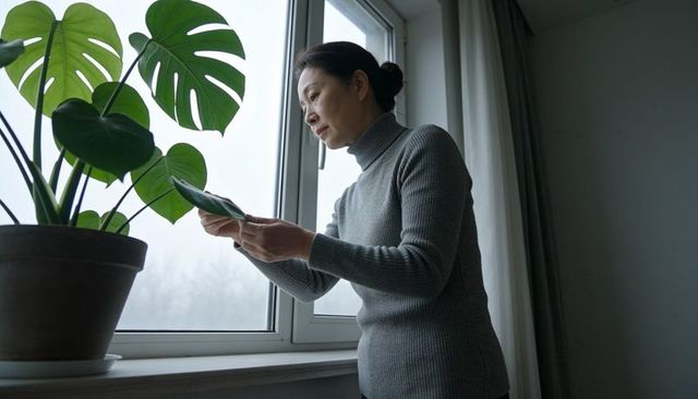 Middle-aged asian woman tending monstera at window, gentle indoor plant care and calm