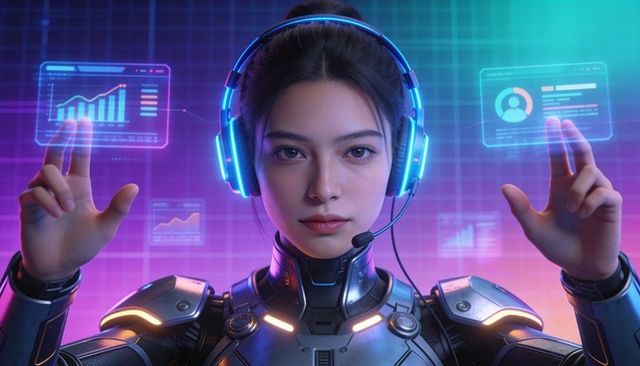 Asian operator manipulating holographic dashboard in neon cyberpunk exosuit control hub