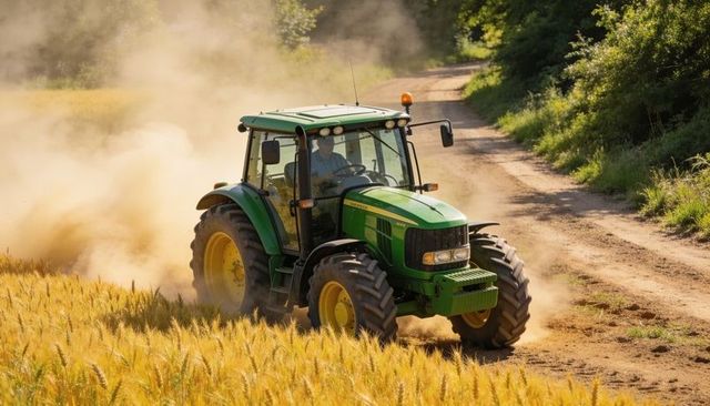 Green tractor kicking up dust along rural track near golden wheat field, farmer driving