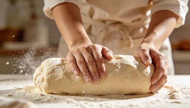 Hands kneading and shaping artisanal bread dough on floured counter in warm kitchen light